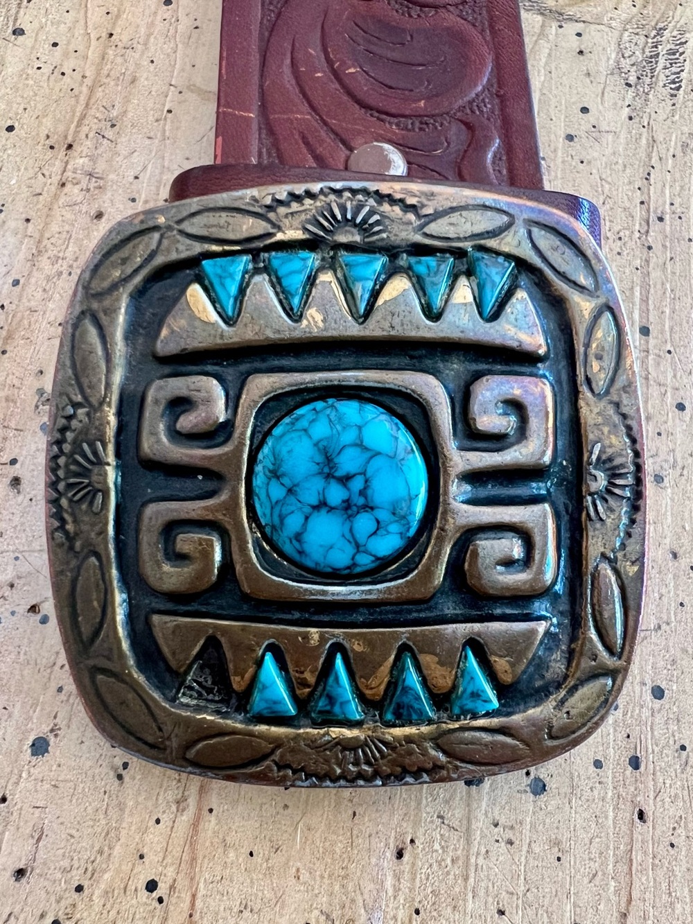 💠Vintage Western Steerhide Leather Tooled Floral Belt w Turquoise Buckle Unisex